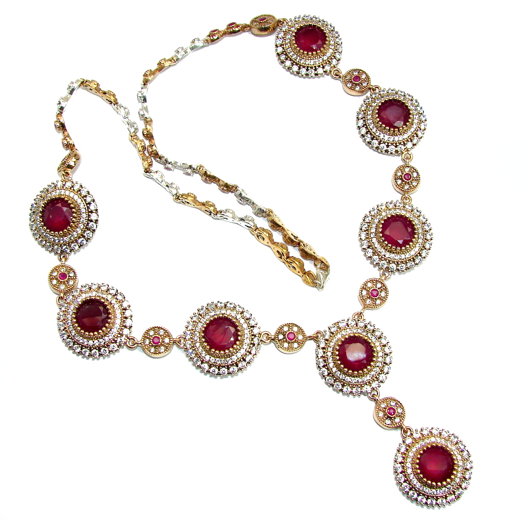 Giant Victorian Style created Ruby & White Topaz Sterling Silver necklace