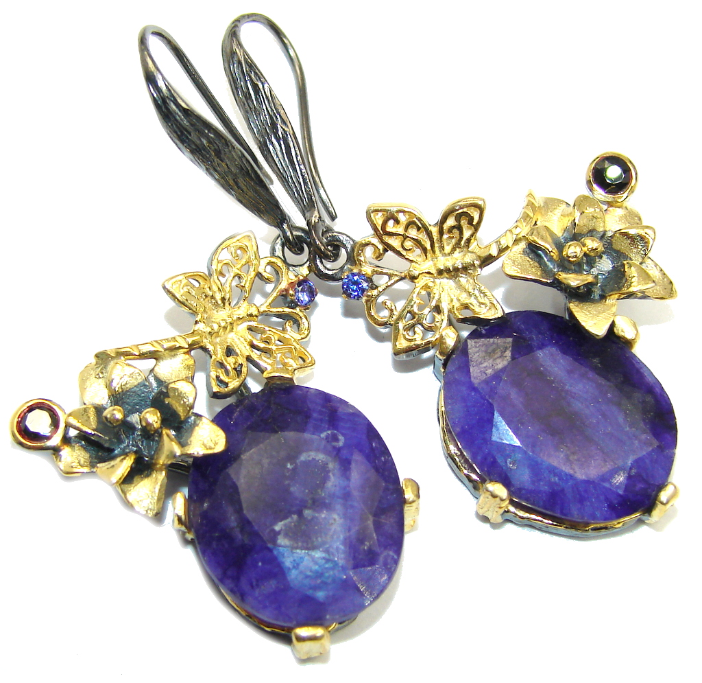 Blooming Garden Blue Sapphire Gold Black Rhodium over Sterling Silver earrings