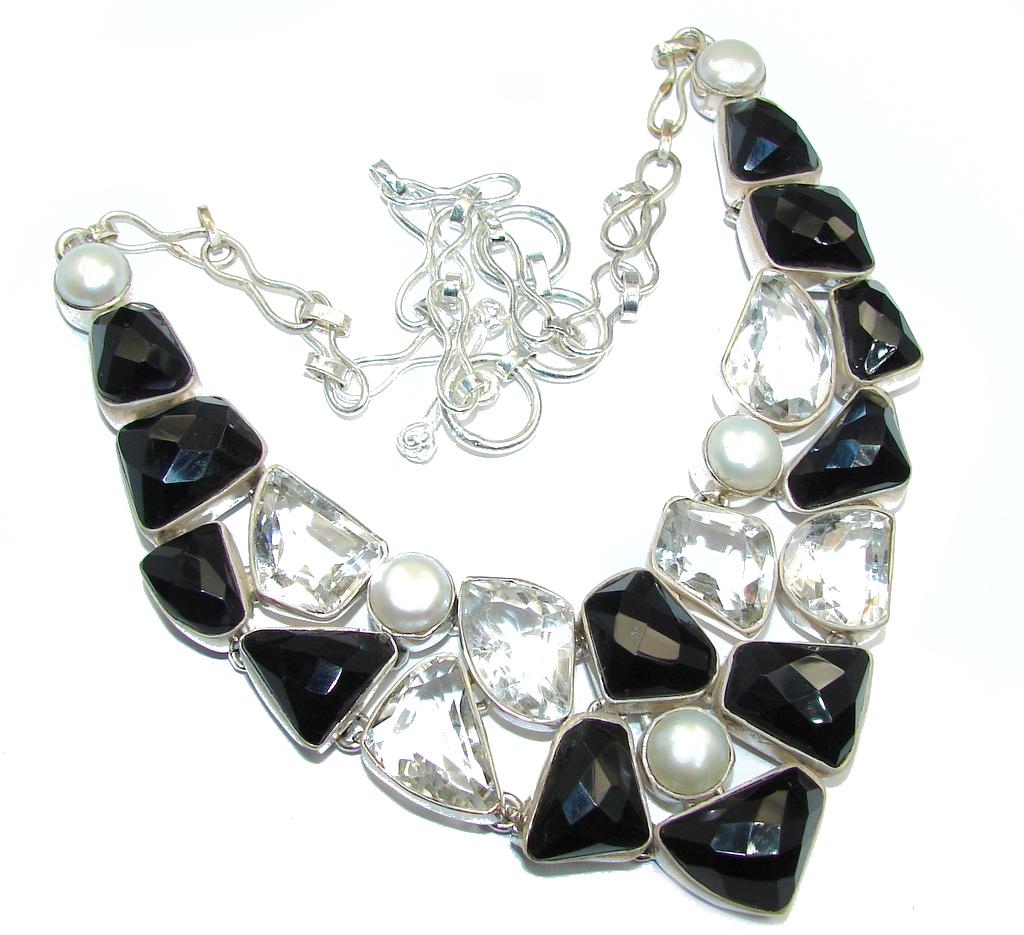 Bohemian Style Black Onyx & White Topaz Sterling Silver necklace