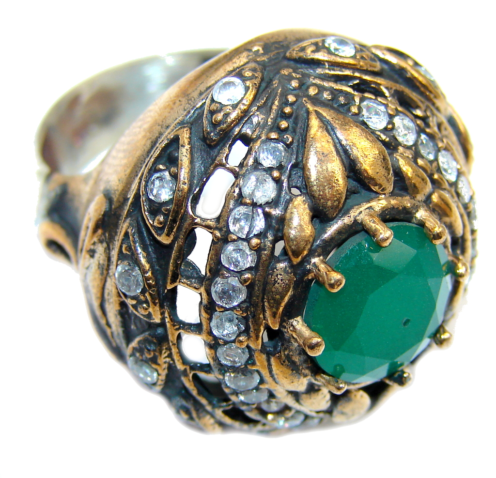 Victorian Style created Emerald & White Topaz Sterling Silver ring; s. 7