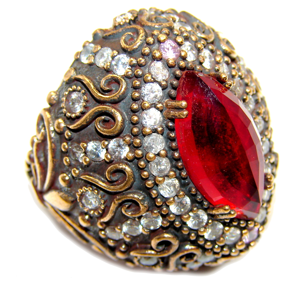 Huge Victorian Style created Ruby & White Topaz Sterling Silver ring; s. 9