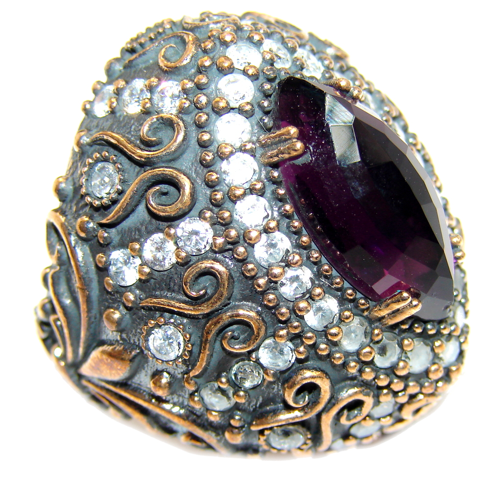 Huge Victorian Style created Ruby & White Topaz Sterling Silver ring; s. 10