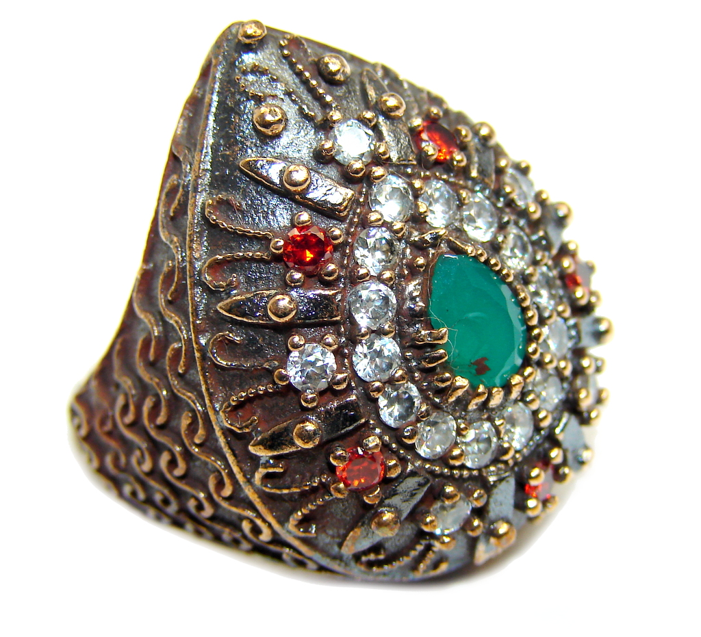 Victorian Style created Emerald & White Topaz Sterling Silver ring; s. 7 1/2