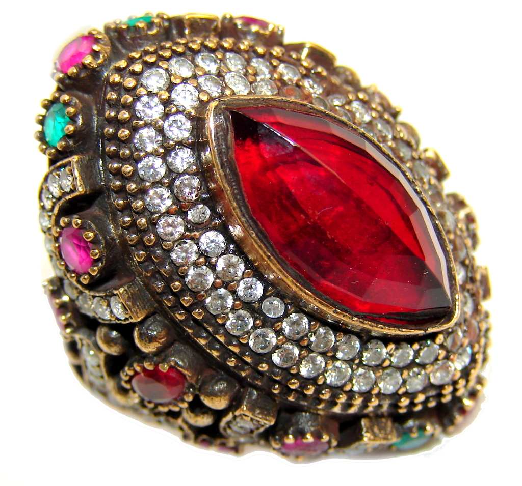 Huge Victorian Style created Ruby & White Topaz Sterling Silver ring; s. 9 1/4