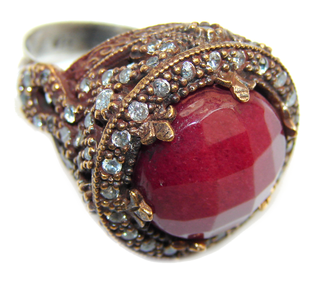 Huge Victorian Style created Ruby & White Topaz Sterling Silver ring; s. 8