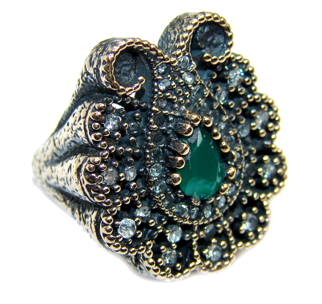 Victorian Style created Emerald & White Topaz Sterling Silver ring; s. 6