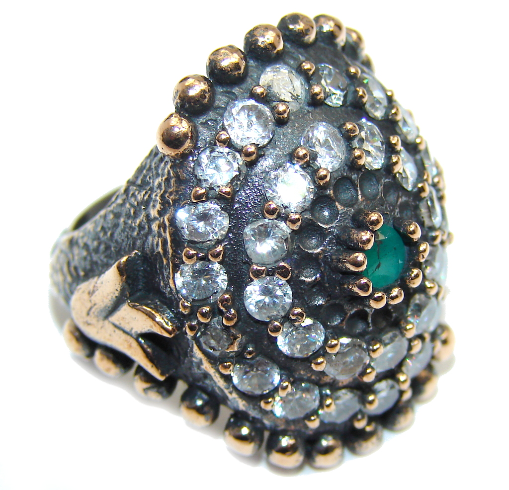 Victorian Style created Emerald & White Topaz Sterling Silver ring; s. 6 1/4
