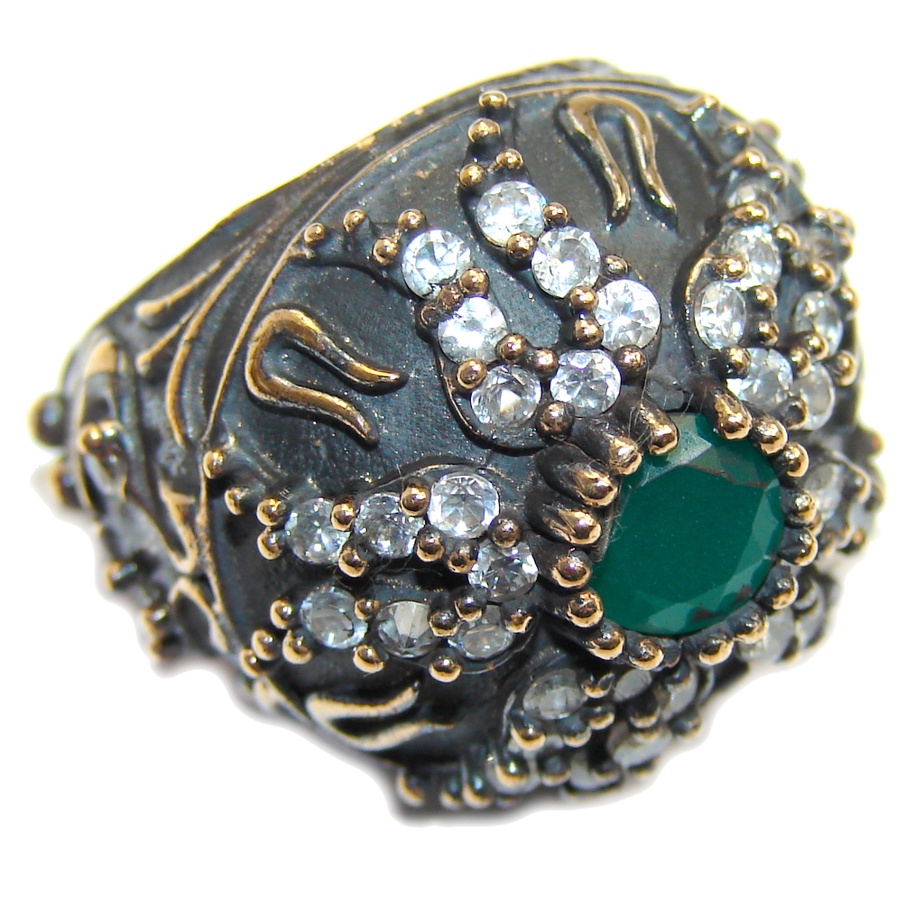 Victorian Style created Emerald & White Topaz Sterling Silver ring; s. 6