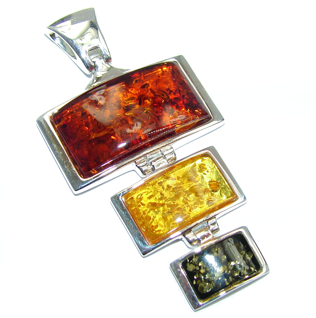 Genuine Three Colors Baltic Polish Amber Sterling Silver Pendant
