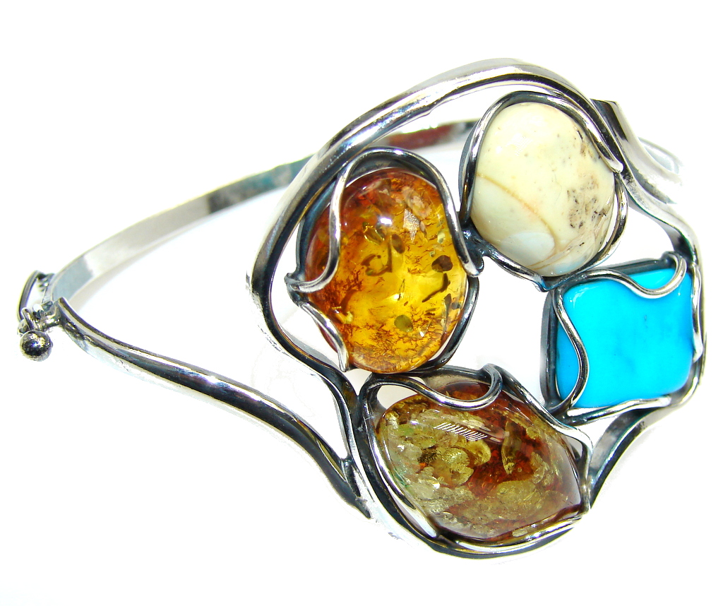 Beautiful Genuine Handcrafted Polish Amber Turquoise Sterling Silver Bracelet / Cuff