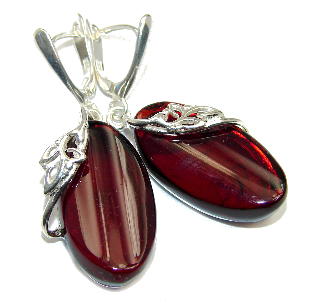 Beautiful Deep Cognac color Polish Amber Sterling Silver Earrings
