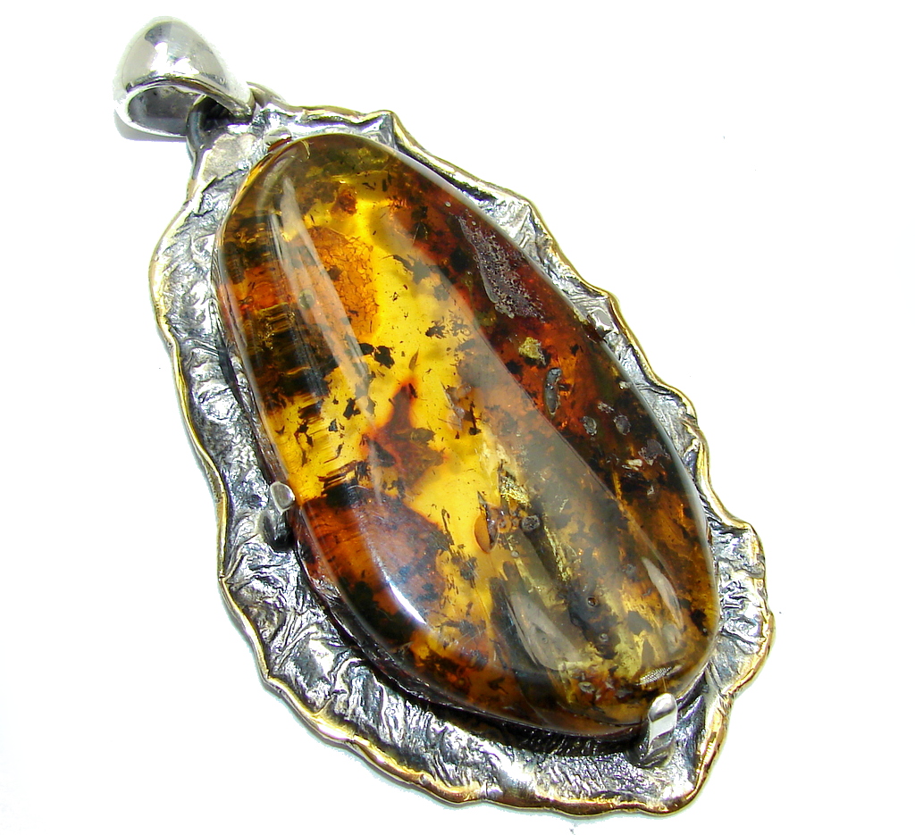 Big Genuine AAA Baltic Polish Amber Two Tones Sterling Silver Pendant