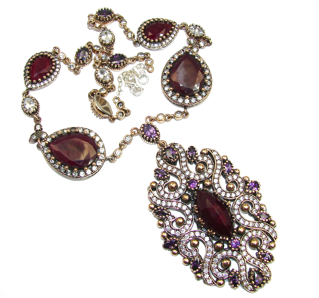 Huge Victorian created Sapphire Ruby & White Topaz Sterling Silver necklace