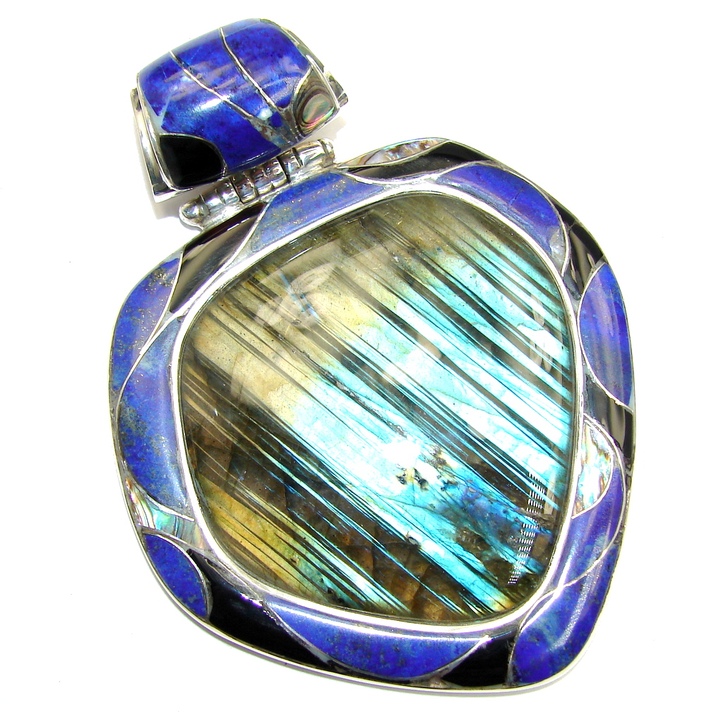 Giant! Perfect AAA Blue Fire Labradorite Sterling Silver Pendant
