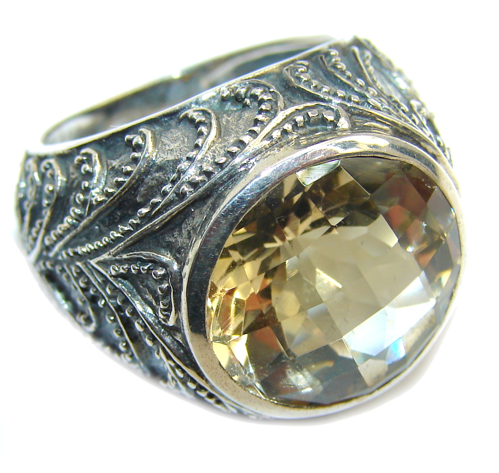 Big! Summer Yellow Citrine Oxidized Sterling Silver Ring s. 7