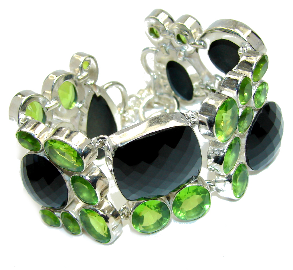 Bohemian Style Onyx & Quartz Sterling Silver Bracelet
