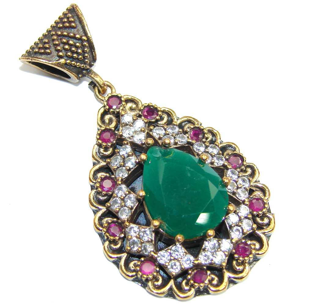 Perfect created Emerald & White Topaz Sterling Silver Pendant