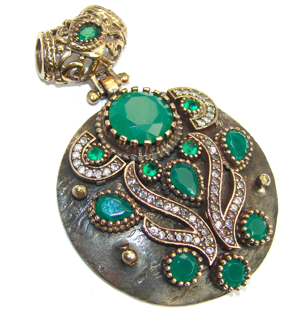 Perfect created Emerald & White Topaz Sterling Silver Pendant