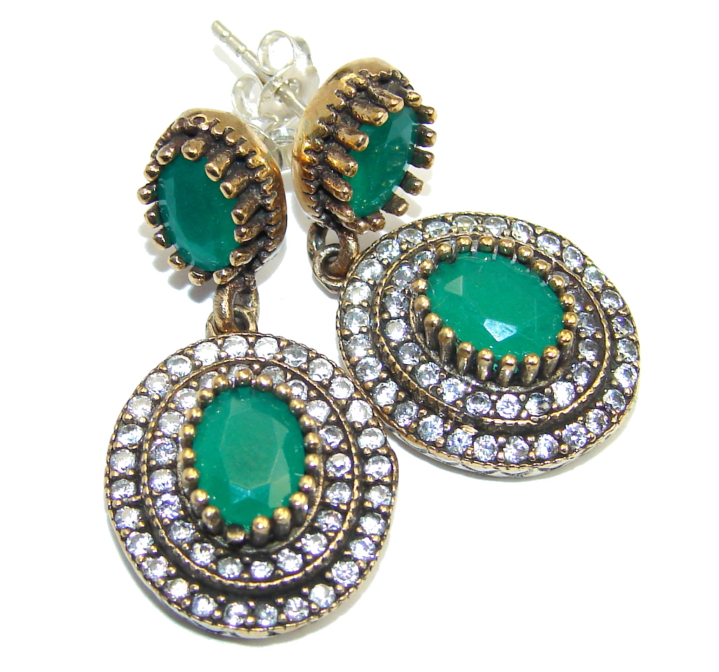 Victorian Style created Emerald & White Topaz Sterling Silver earrings