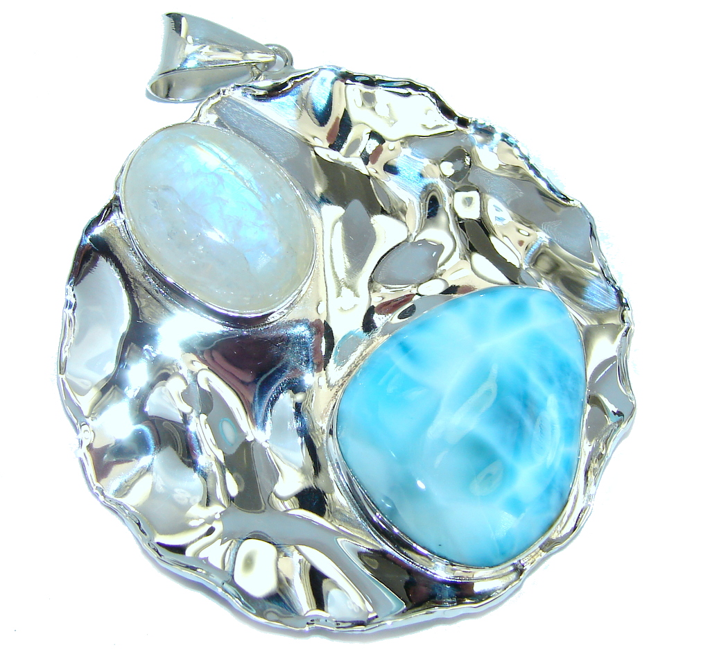 Natural AAA Blue Larimar Hammered Sterling Silver Pendant