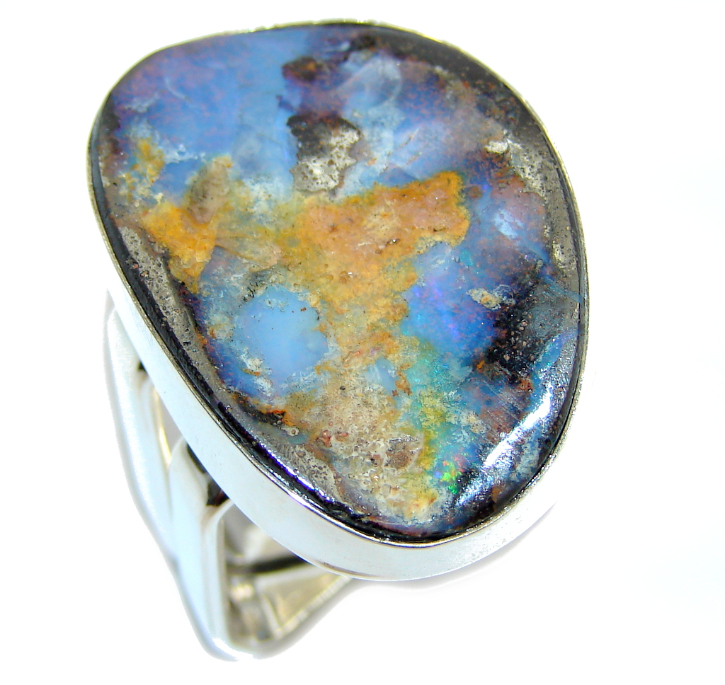 Amazing Australian Boulder Opal Sterling Silver Ring s. 9 3/4
