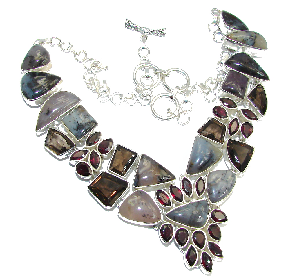 Very Chunky Design Dendritic Agate Smoky Topaz Sterling Silver necklace