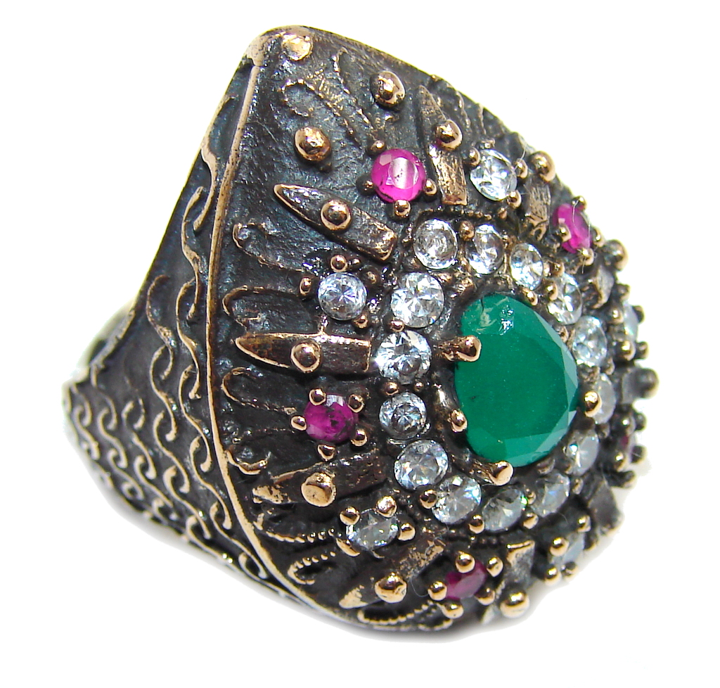Victorian Style created Emerald & White Topaz Sterling Silver ring; s. 6 3/4