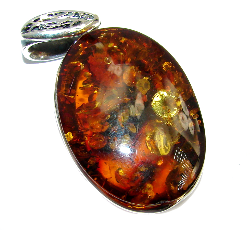 Big Genuine AAA Baltic Polish Amber Two Tones Sterling Silver Pendant