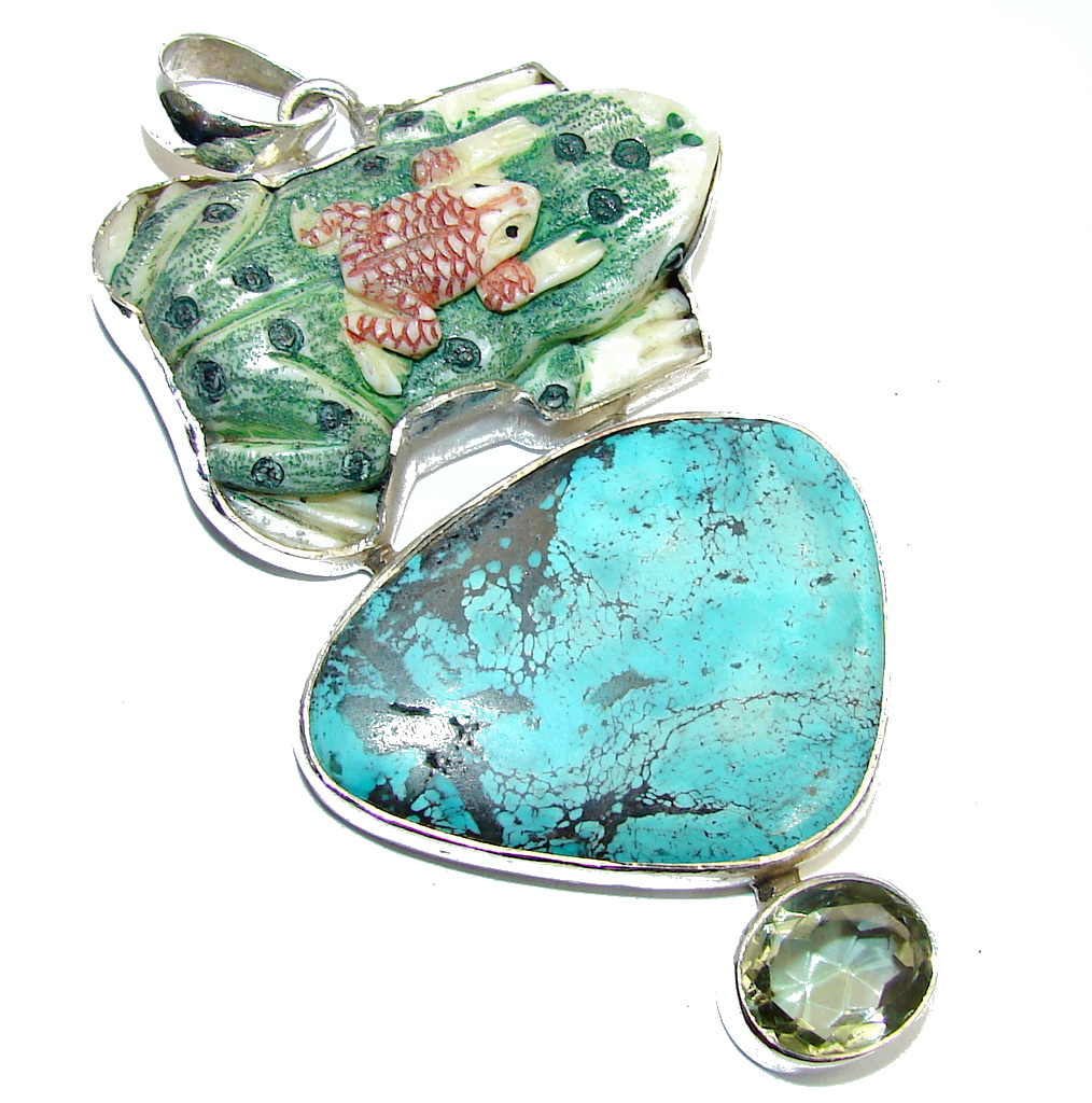 Big! Frog Carved Ox Bone Turquoise handcrafted Sterling Silver Pendant