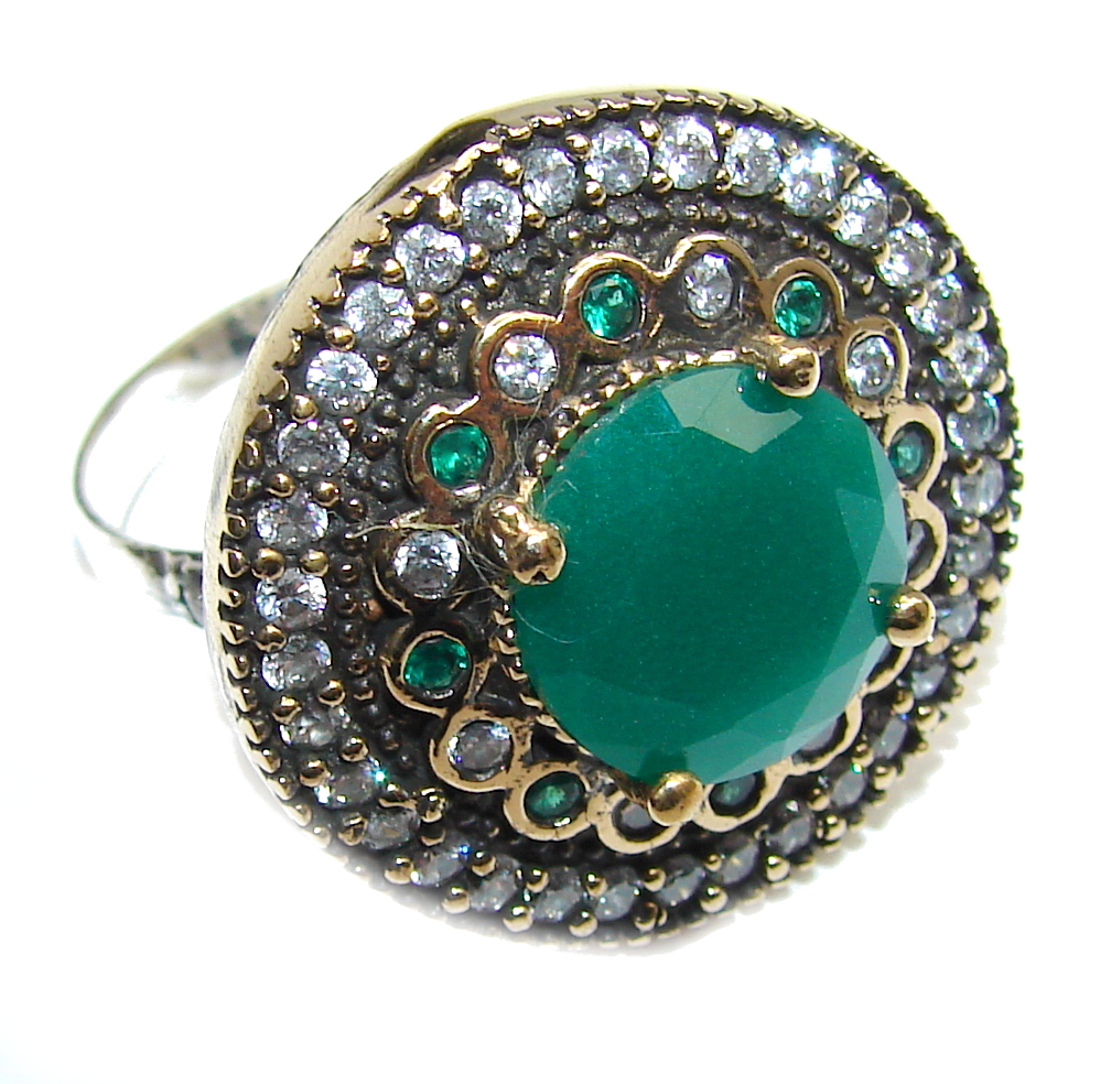 Victorian Style created Emerald & White Topaz Sterling Silver ring; s. 9 1/2