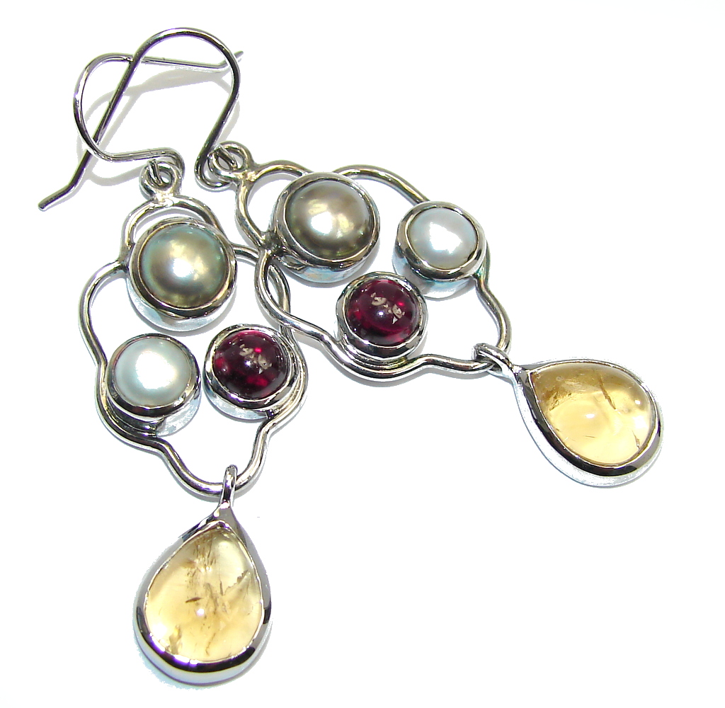 Genuine Yellow Citrine Tourmaline Pearl Sterling Silver earrings