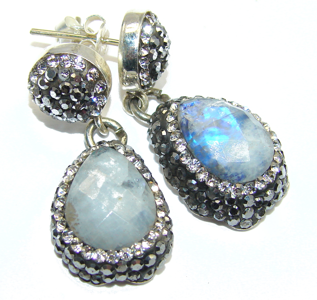 Stylish White Fire Moonstone Sterling Silver earrings
