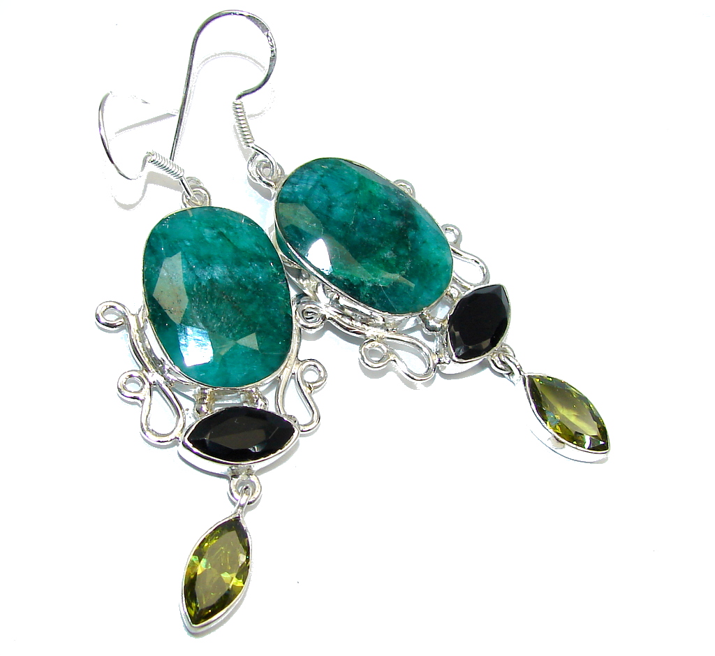 Big and Solid Emerald & Onyx Sterling Silver earrings