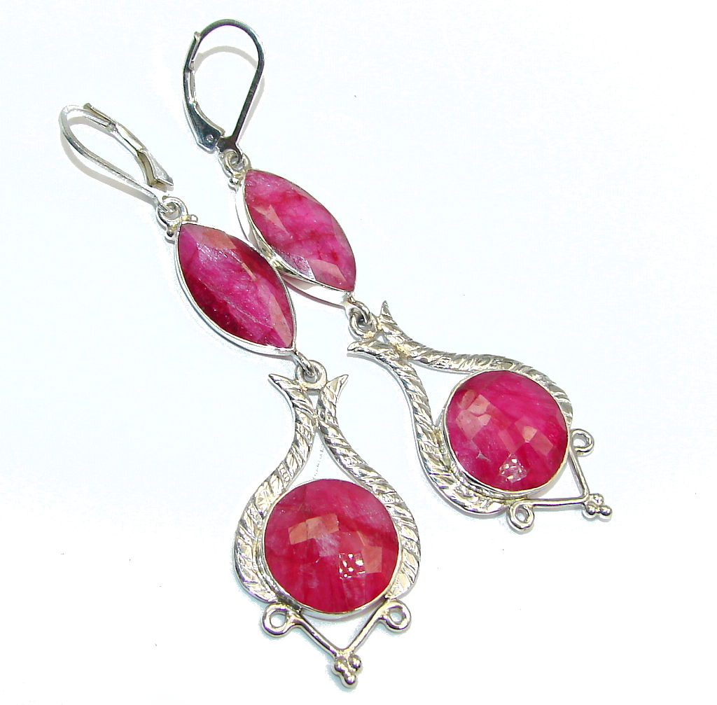 Long Beautiful Pink Ruby Sterling Silver handcrafted earrings