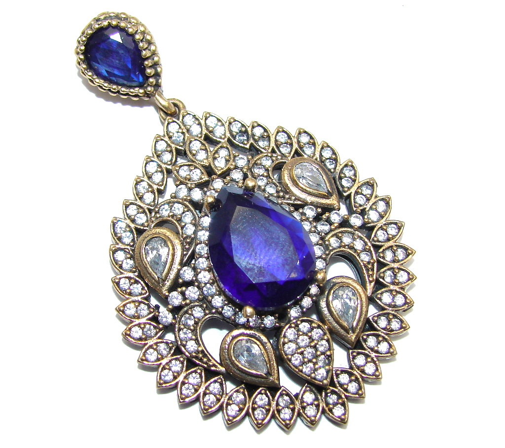 Victorian Style Created Blue Sapphire & White Topaz Sterling Silver Pendant