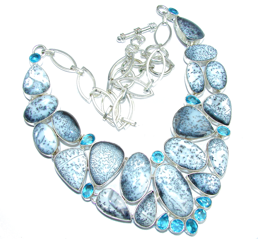 Oversized! Amazing Beauty Dendritic Agate & Blue Topaz Sterling Silver necklace