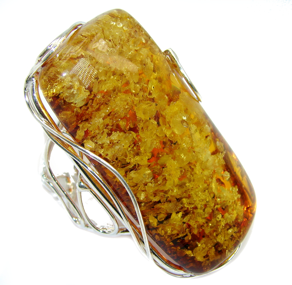 Chunky Oversized Genuine Polish Amber Sterling Silver Ring s. 9 adjustable