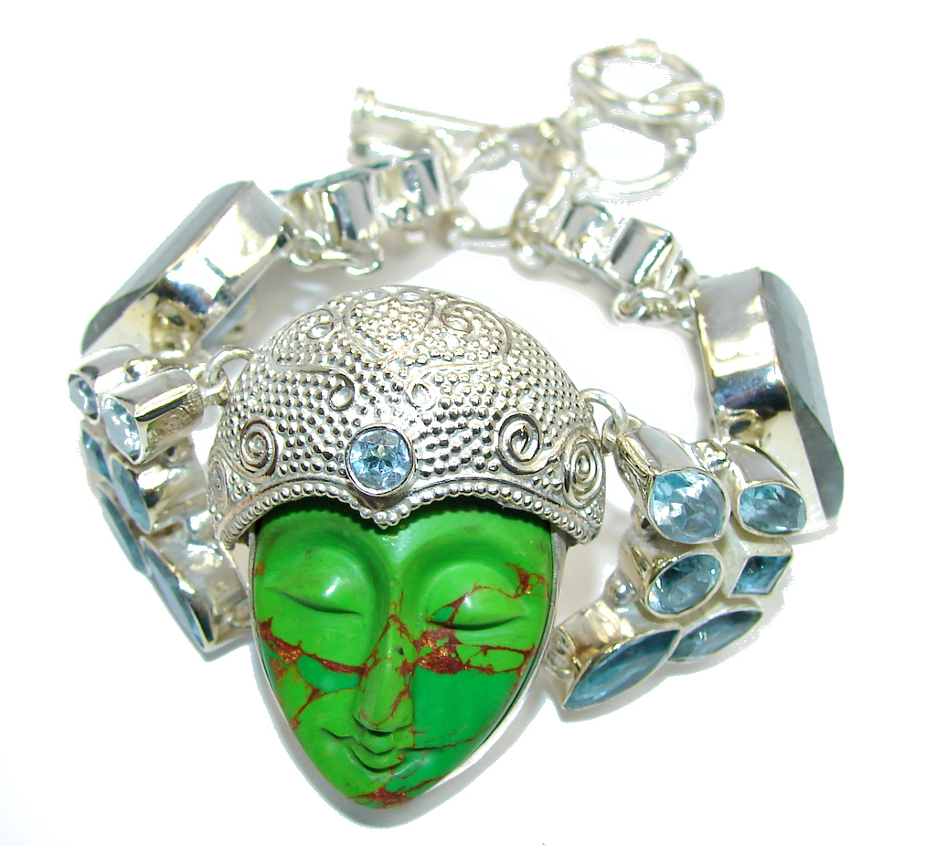 Amazing Carved Copper Turquoise Stone Sterling Silver Bracelet