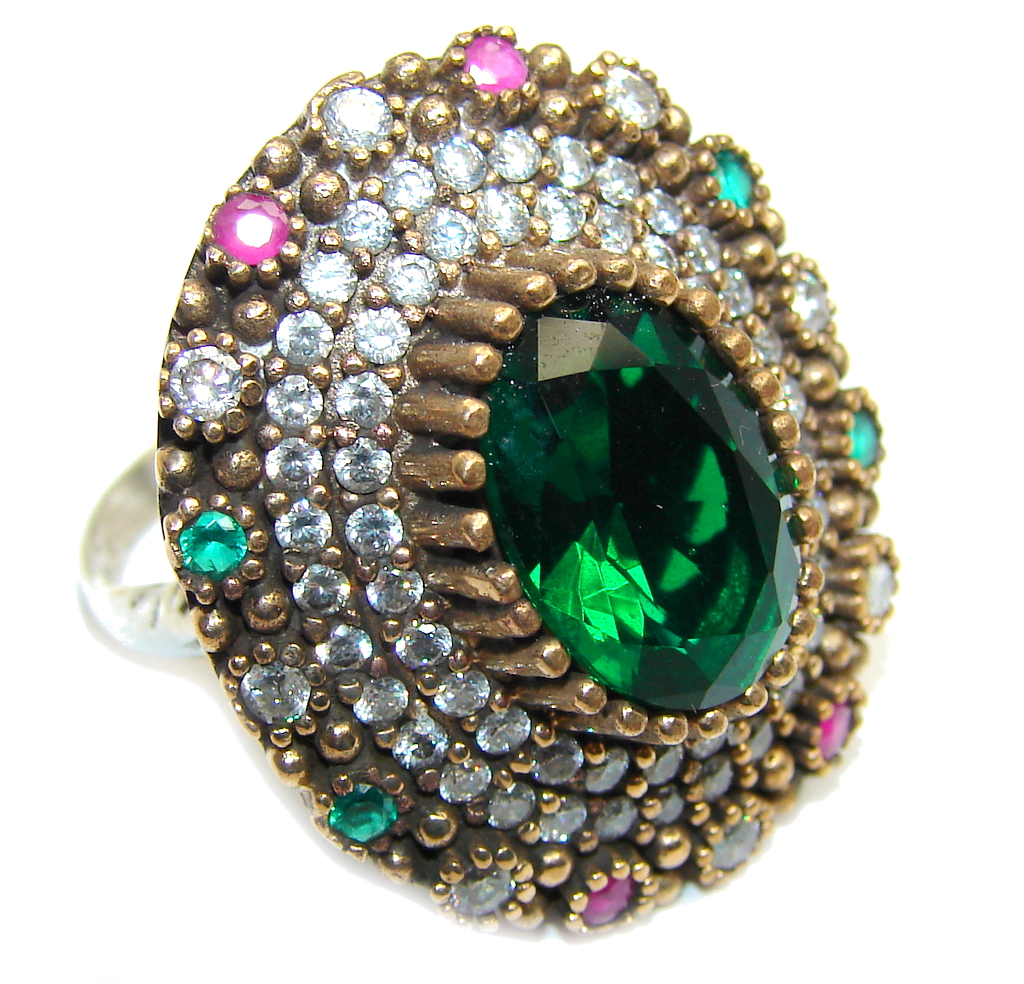 Victorian Style created Emerald & White Topaz Sterling Silver ring; s. 9