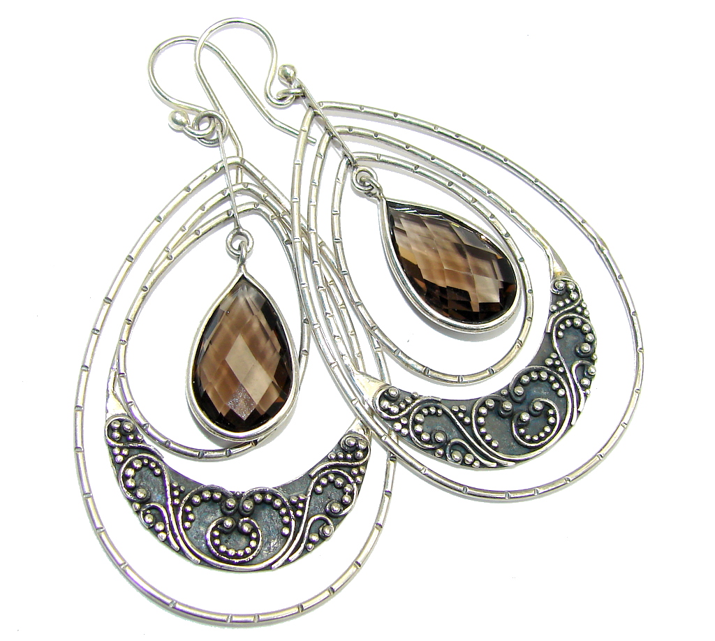 Big Indonesian Style Smoky Topaz Oxidized Sterling Silver earrings