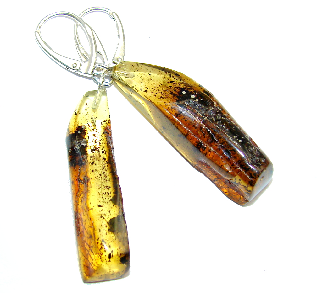 Big Natural Baltic Polish Amber Sterling Silver Earrings