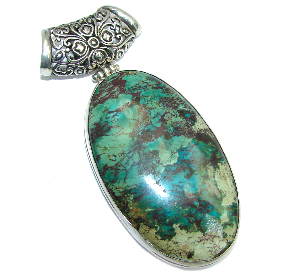 Huge Cripple Creek Turquoise Bali Made Sterling Silver Pendant
