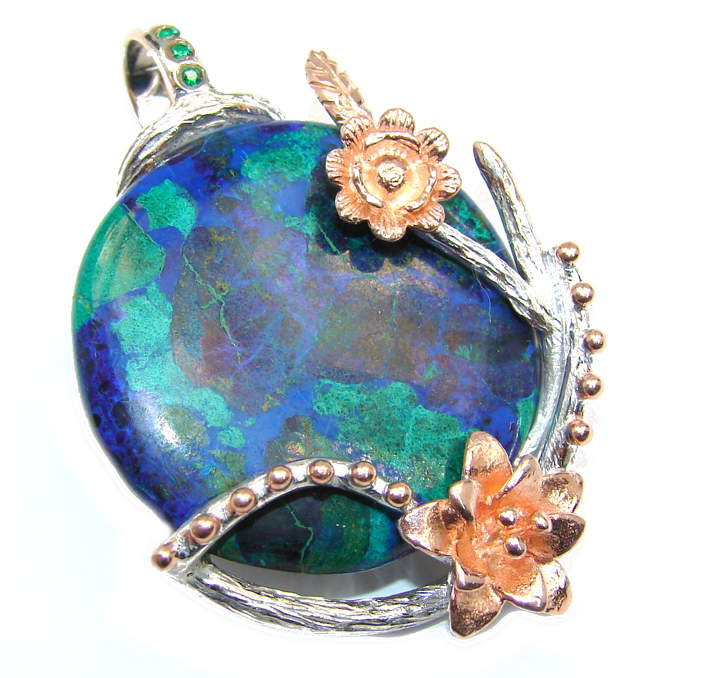 Planet Earth Blue Azurite & Emerald Gold plated Sterling Silver Pendant