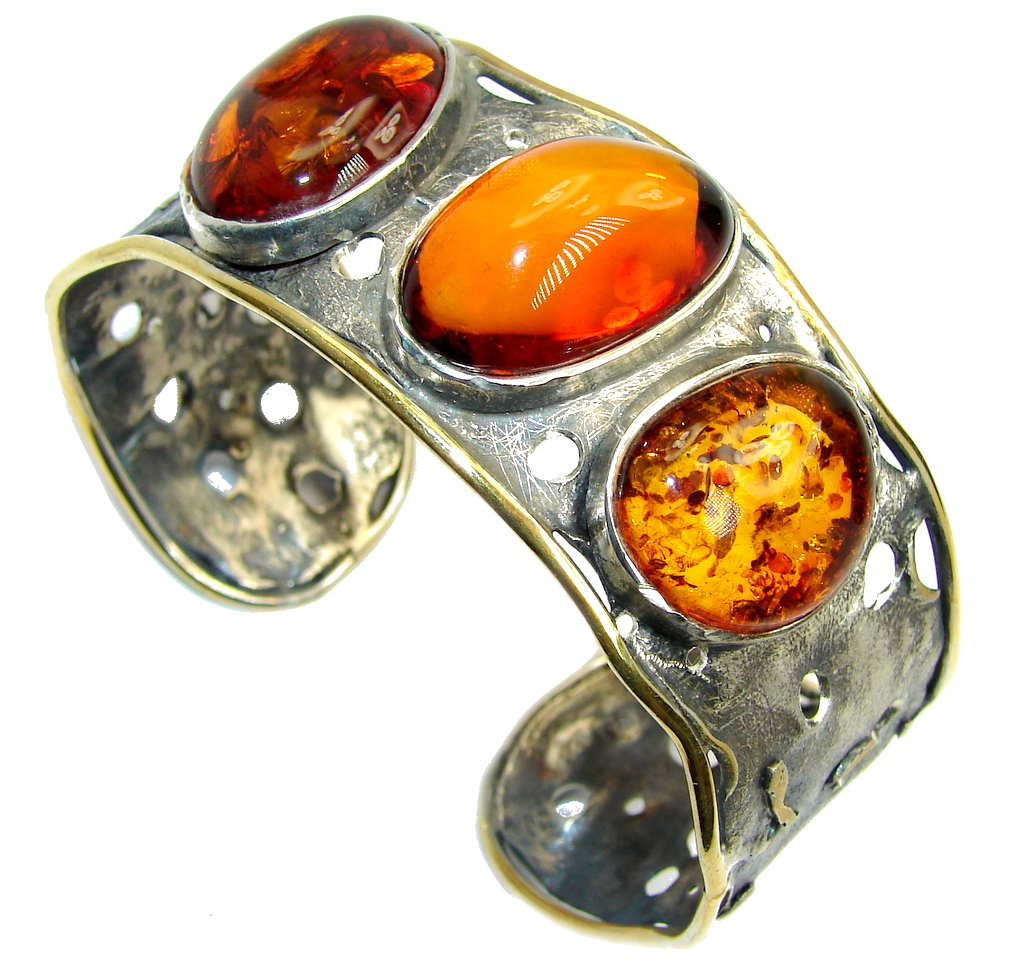 Beautiful Genuine Handcrafted Polish Amber Two Tones Sterling Silver Bracelet / Cuff