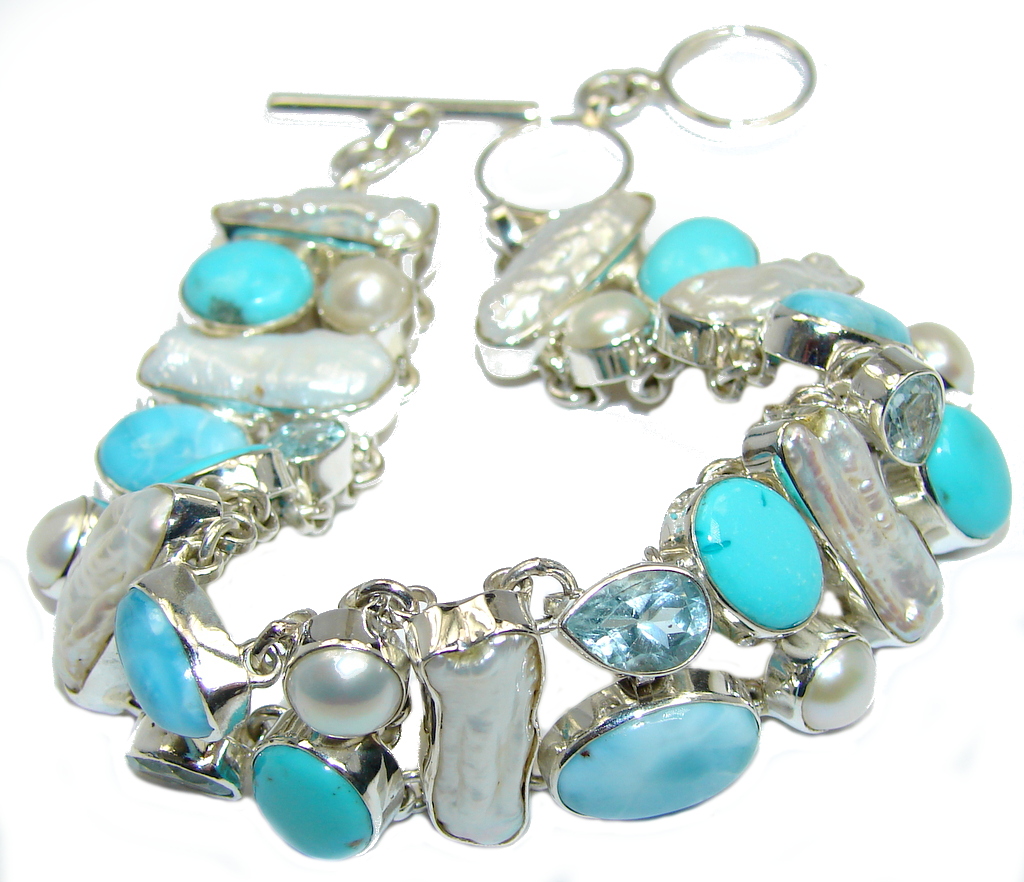 AAA Blue Larimar & Swiss Blue Topaz Sleeping Beauty Turquoise Sterling Silver Bracelet