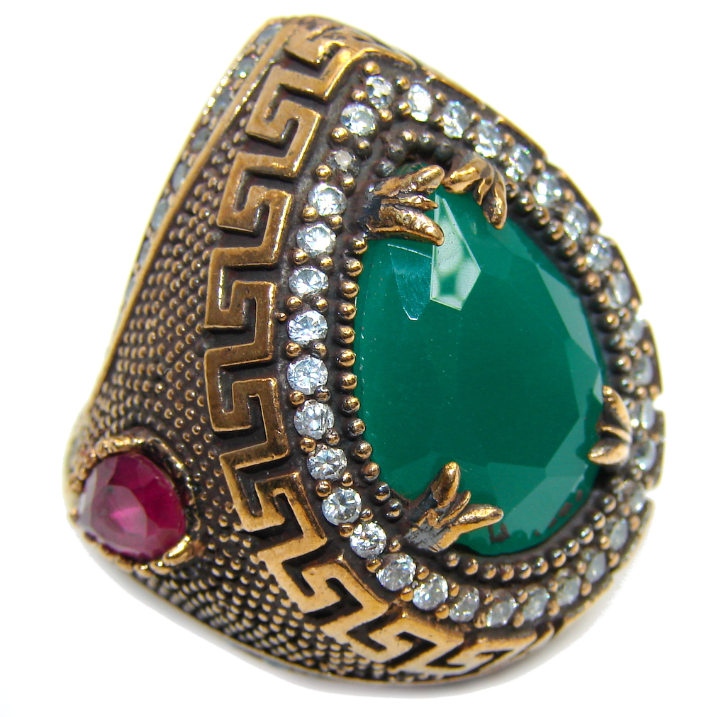 Victorian Style created Emerald & White Topaz Copper over Sterling Silver ring; s. 7