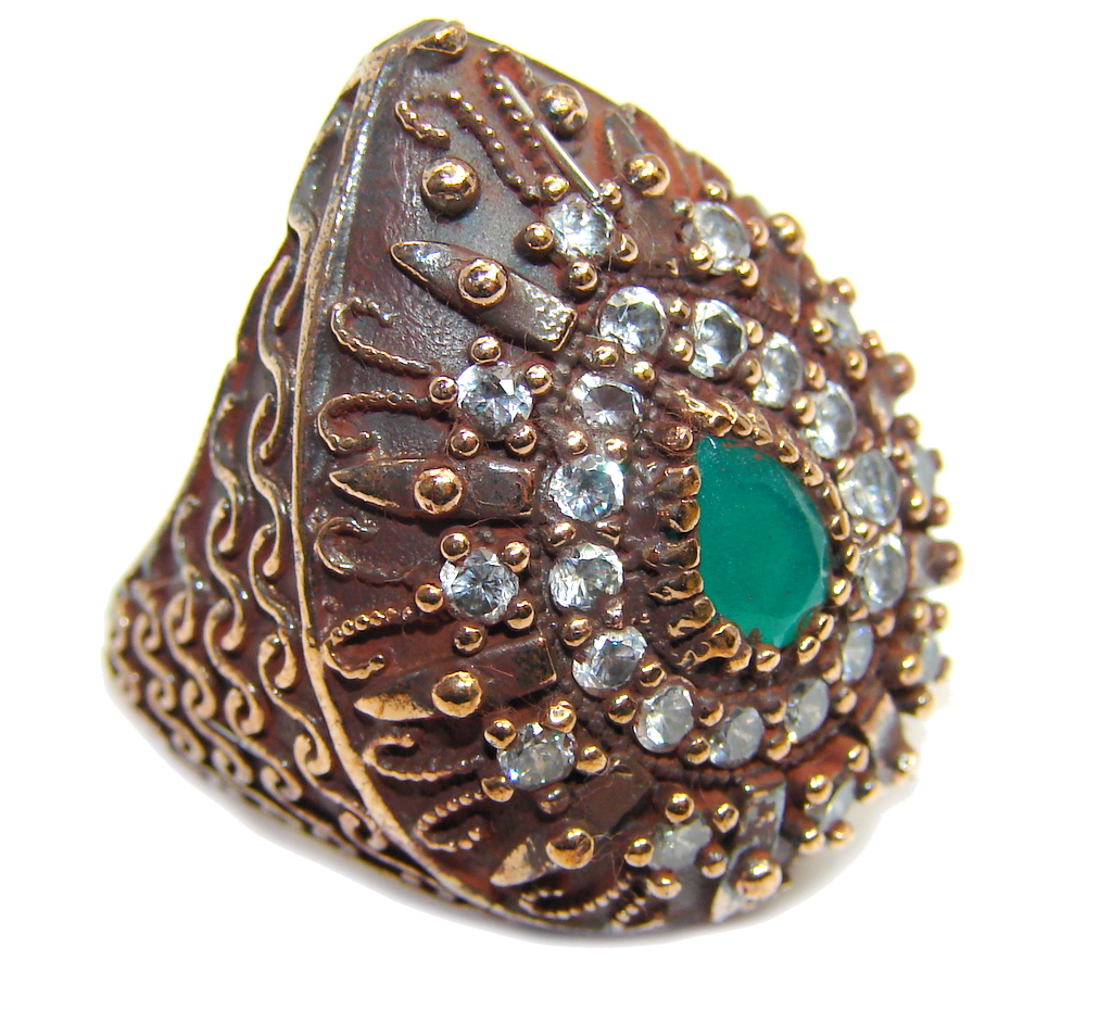 Victorian Style created Emerald & White Topaz Sterling Silver ring; s. 6