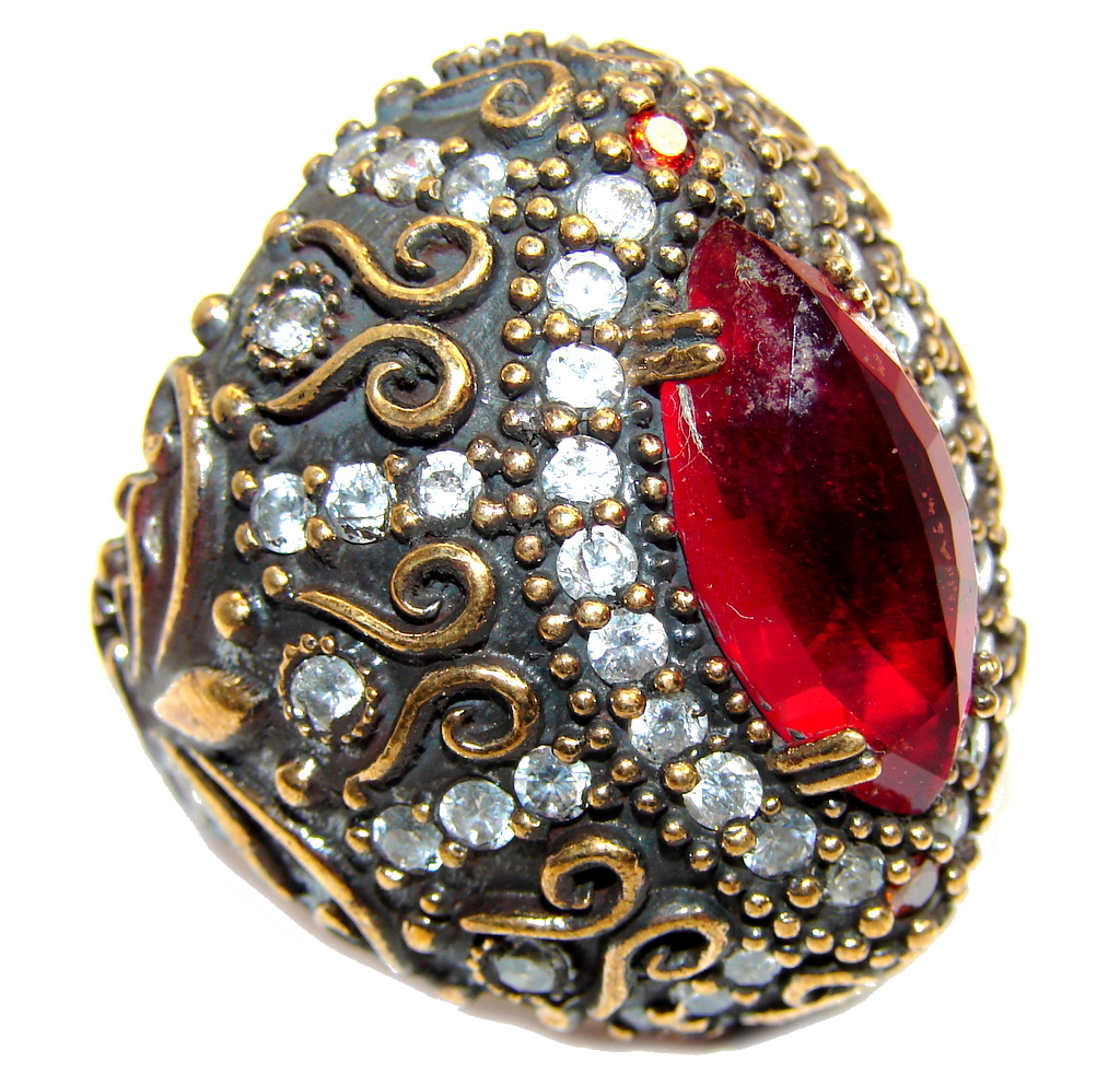 Giant Victorian Style created Ruby & White Topaz Sterling Silver ring; s. 10