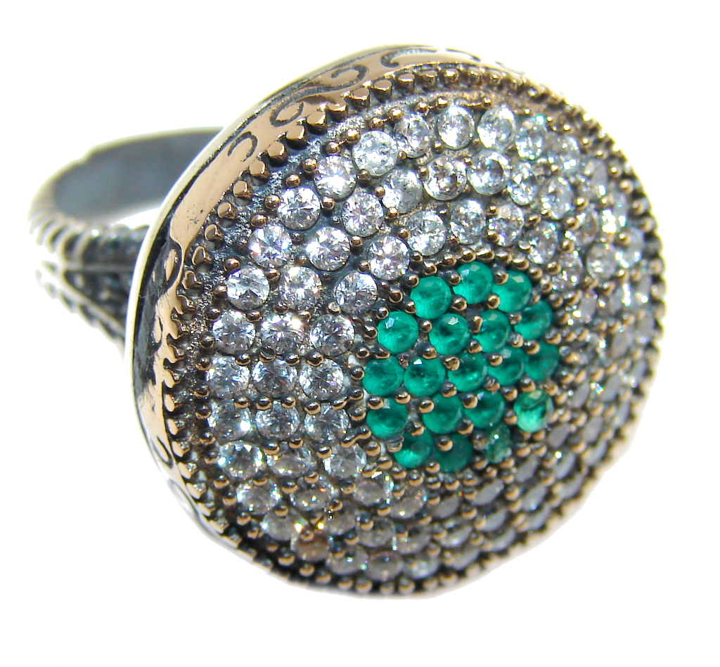 Victorian Style created Emerald & White Topaz Copper over Sterling Silver ring; s. 6 1/2