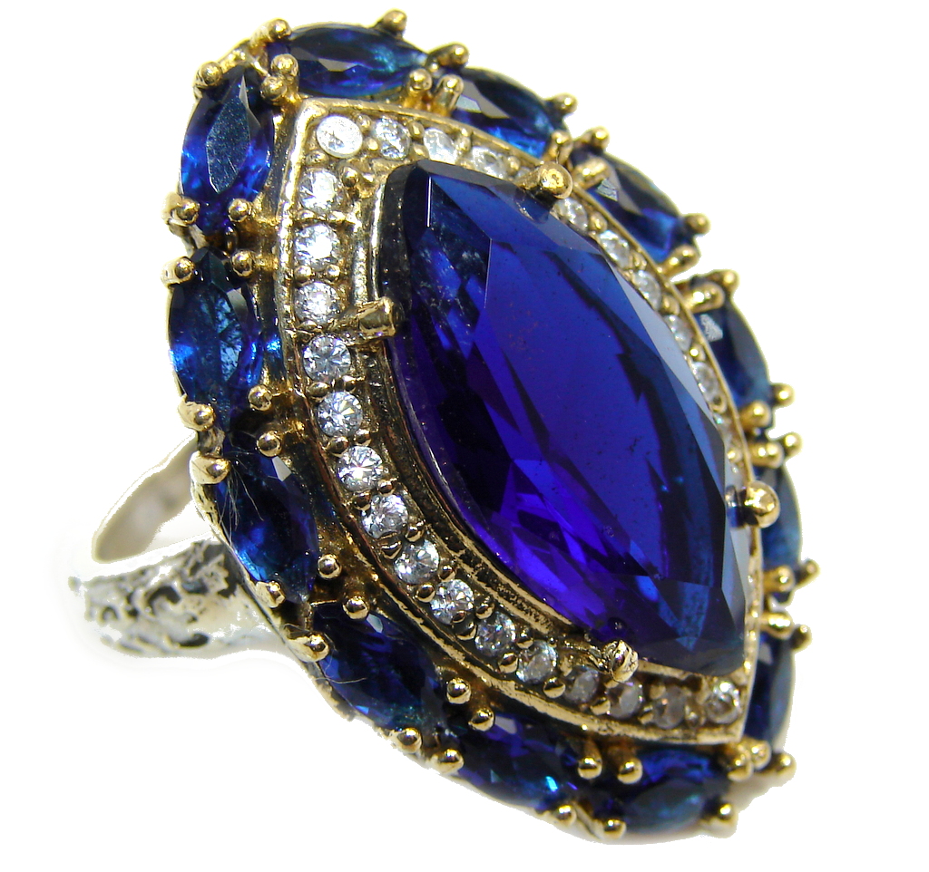 Victorian Style Created Blue Sapphire & White topaz Sterling Silver Ring s. 8 1/4